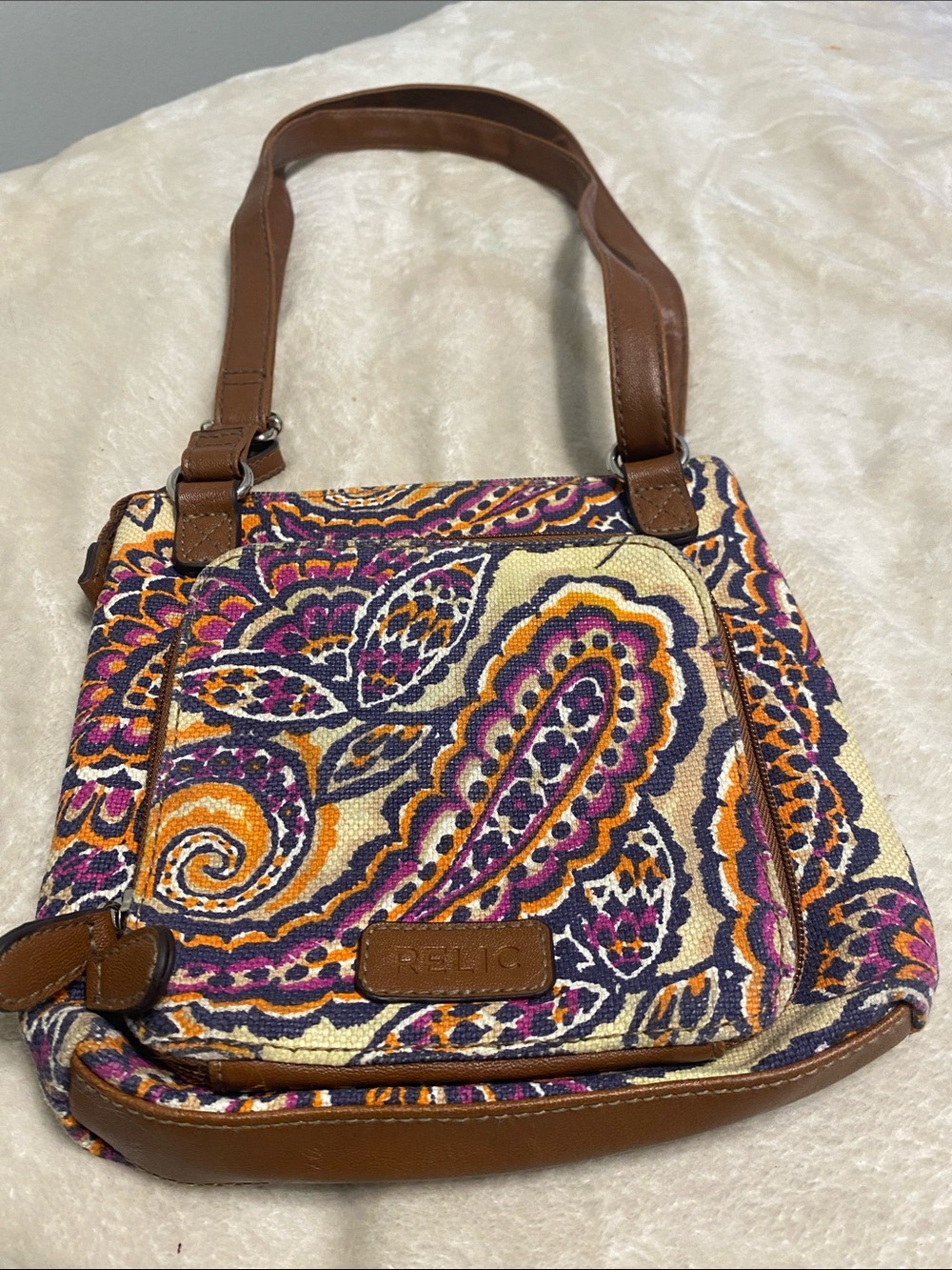 Relic by Fossil Boho Canvas Paisley Crossover Shoulder Bag with Brown Trim